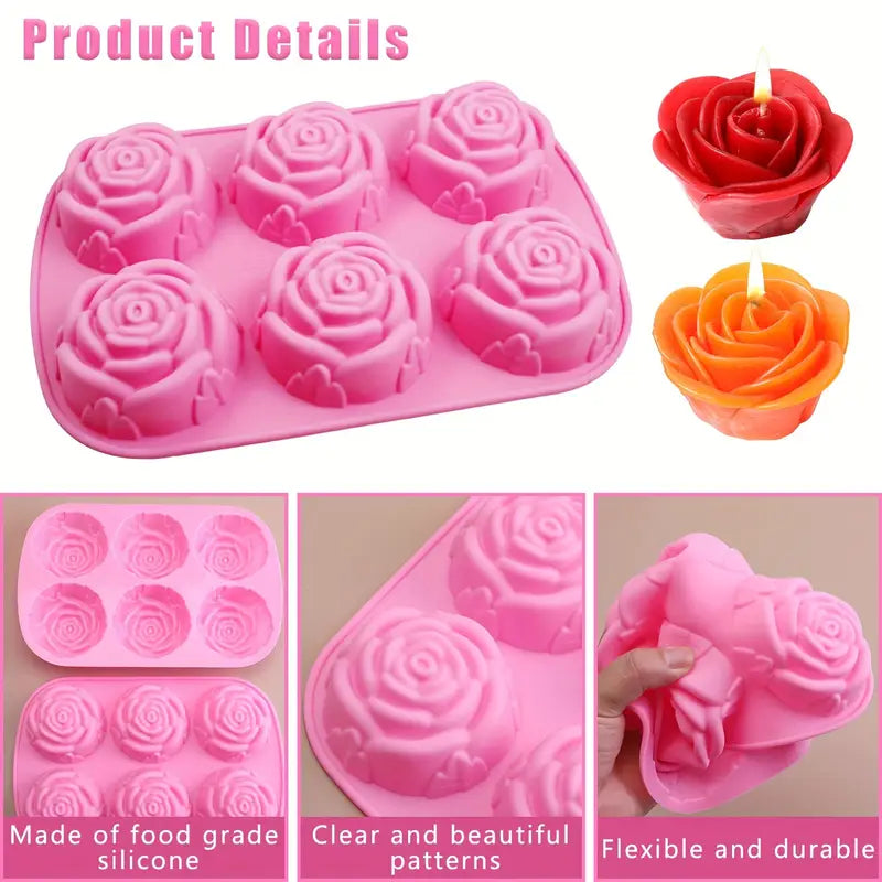 Pack Silicone Rose Flower Baking Molds, 6-Cavity